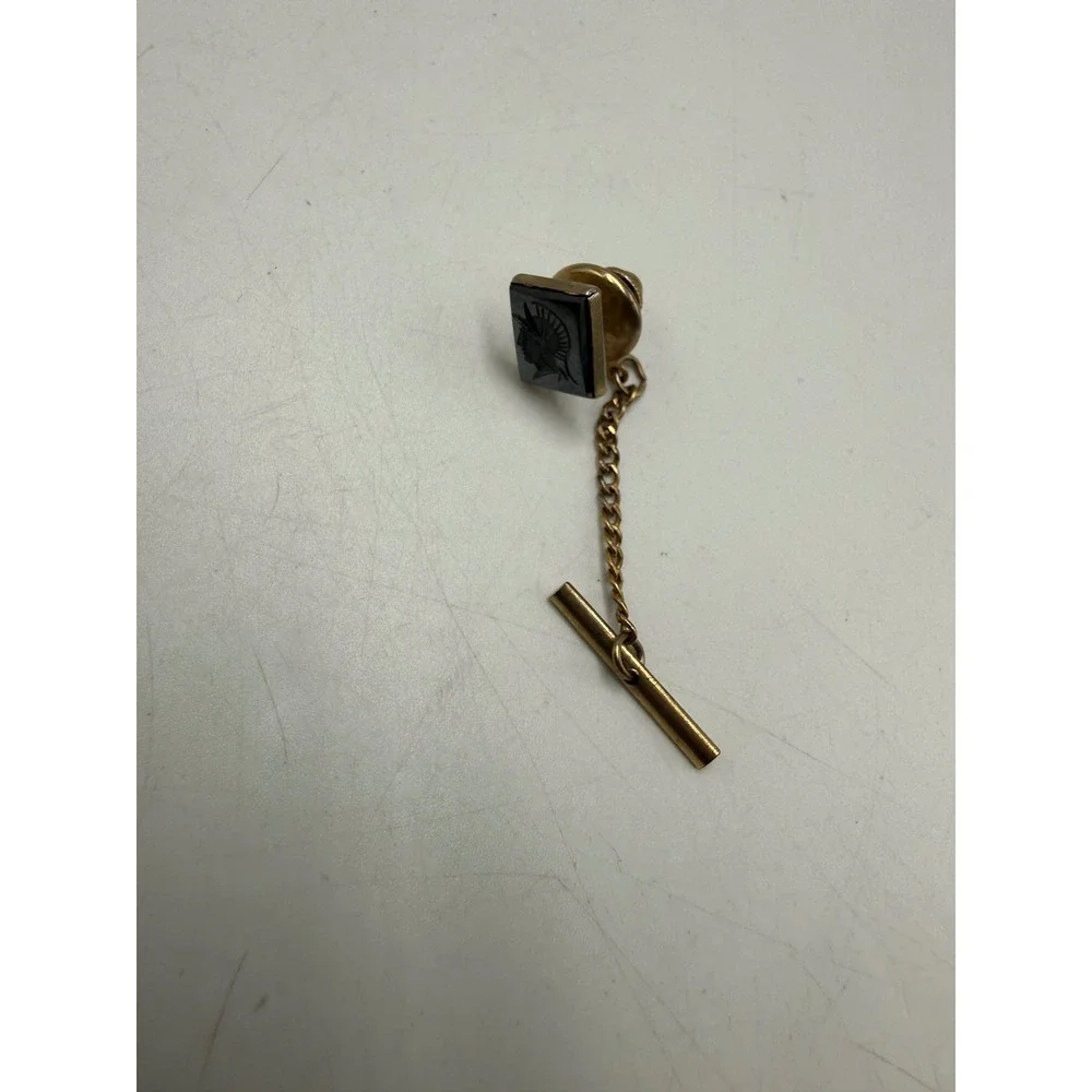Vintage Hematite Intaglio Centurion Tie Tack Gold Tone Roman Soldier Jewelry